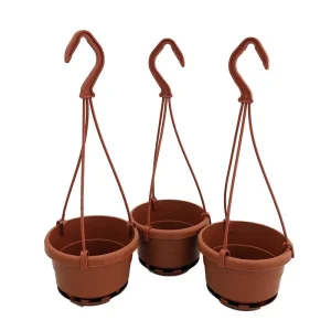 4 inch Mini Plastic Hanging Baskets - 3 Pack - Terracotta Color with Attached Saucers - Image 1