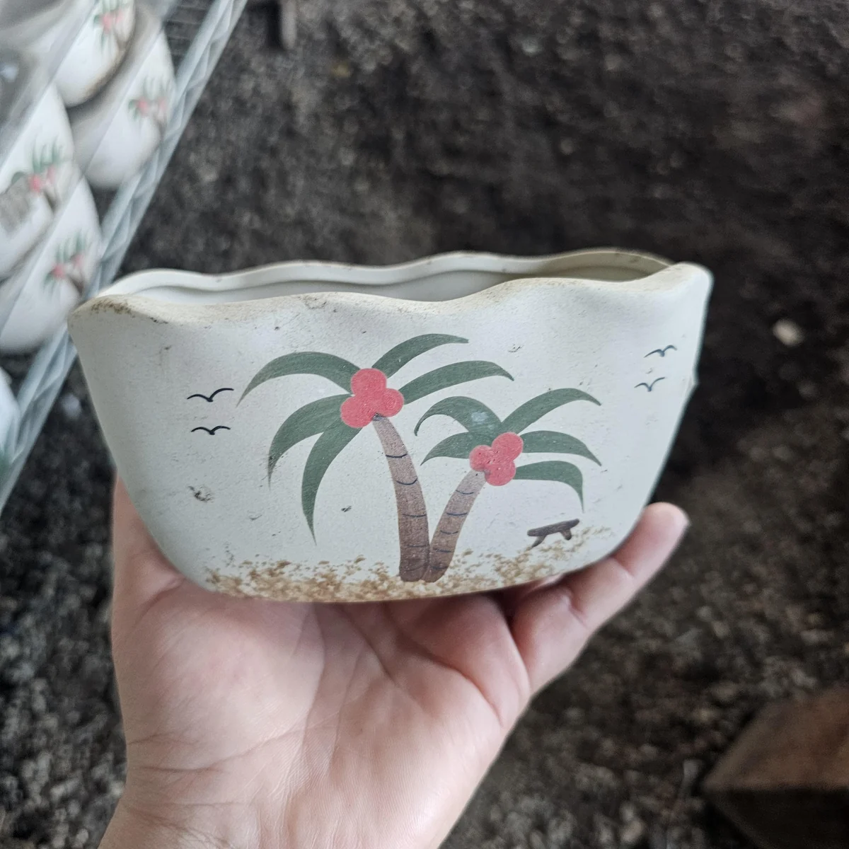 Palm Tree Ceramic Succulent Planter Pot with Drainage Hole - Garden Decor - Image 1