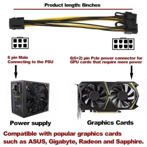 PCIe 6 Pin Female to Dual 8 (6+2) Pin Male GPU Power Adapter Cable - Black - Image 2