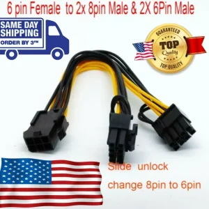 PCIe 6-Pin to Dual 8-Pin (6+2 Pin) GPU Video Card Power Adapter Cable - 8 Inch Black - Image 2