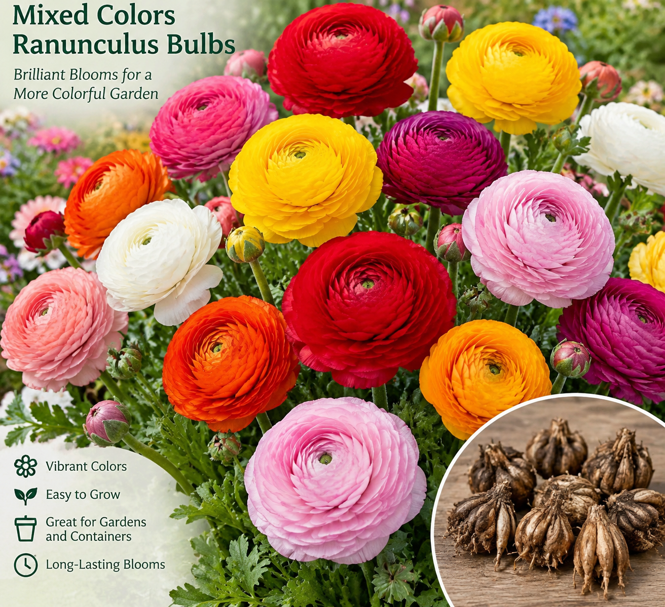 30 Ranunculus Bulbs - Mixed Colors for Spring & Fall Planting