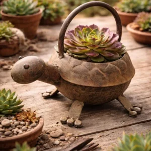 Turtle Watering Can & 3 Succulent Live Plants Bundle - Garden Decor - Image 2