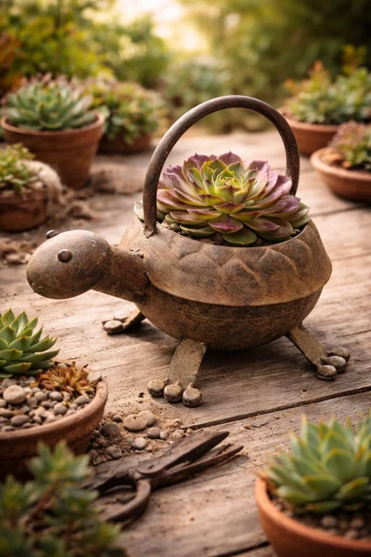Turtle Watering Can & 3 Succulent Live Plants Bundle - Garden Decor - Image 2