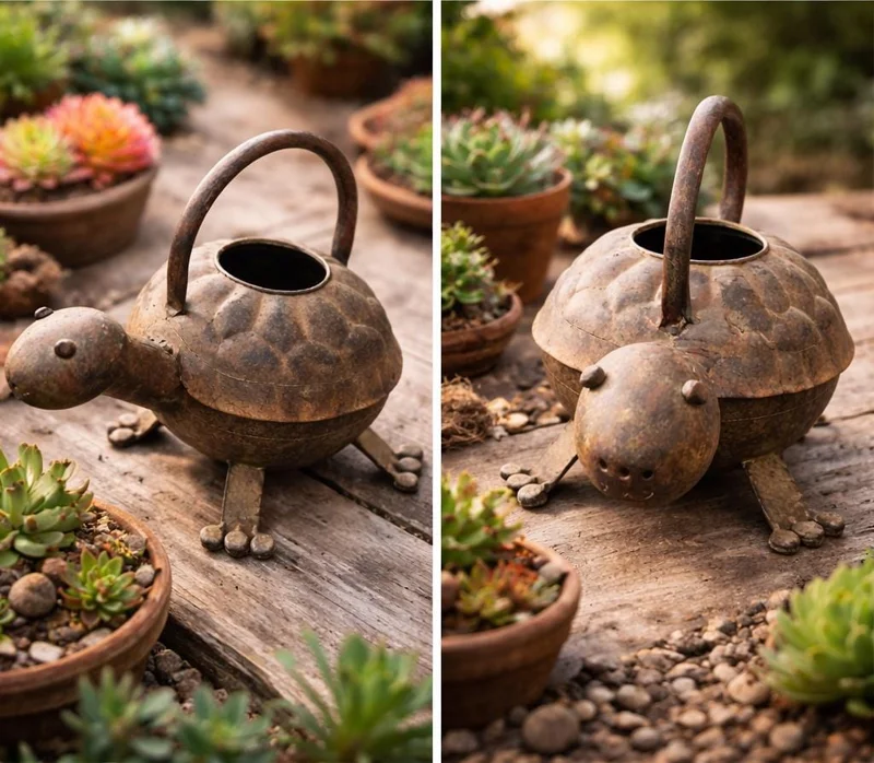 Turtle Watering Can & 3 Succulent Live Plants Bundle - Garden Decor - Image 3