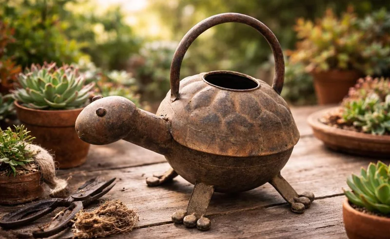 Turtle Watering Can & 3 Succulent Live Plants Bundle - Garden Decor - Image 4