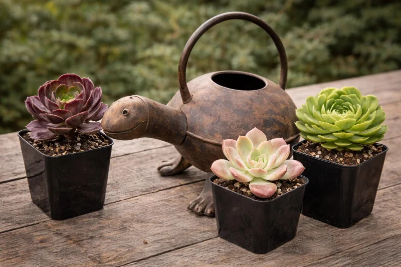 Turtle Watering Can & 3 Succulent Live Plants Bundle - Garden Decor - Image 1