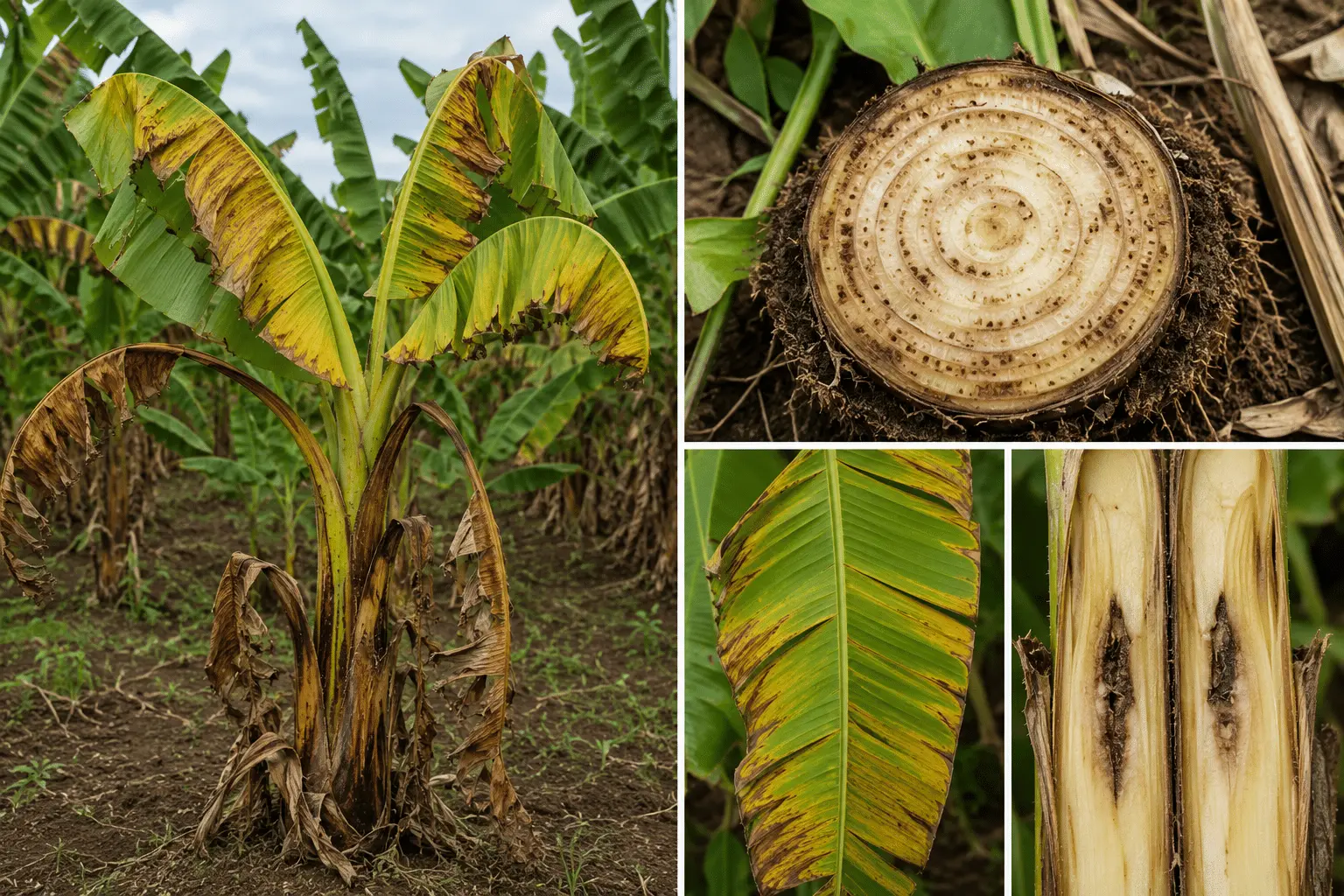 Banana plant with bacterial rot and dried leaves, showing signs of poor drainage or fungal infection.