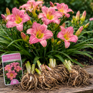 3 Pink Daylily Bulbs for Planting - Large Perennial Flower, Outdoor Garden