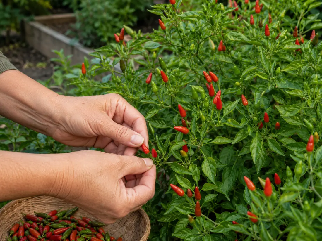 Ripe Pequin peppers ready for harvest