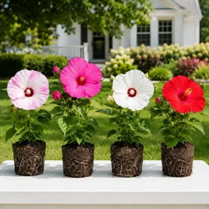 Hardy Hibiscus Live Plant Set – 4 Mixed Tropical Shrubs, 4-8 Inch Tall - Image 1