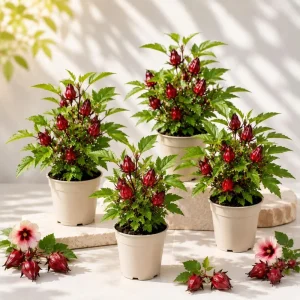 Roselle Hibiscus Live Plant Set - 4 Plants, 4-8 Inch Tall, Edible Calyces - Image 1