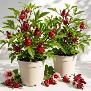 Roselle Hibiscus Live Plants, Set of 2, 4-8 Inch Tall, Edible Calyces, Outdoor - Image 1