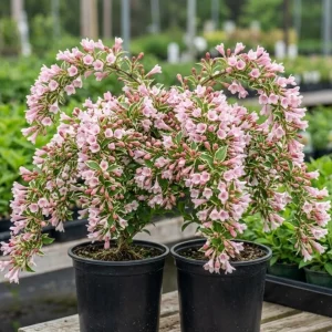 Pack of 2 Reblooming Weigela Shrub Live Plants, Pink Variegated, 6-12 Inch Tall in 4 In Pot - Image 1