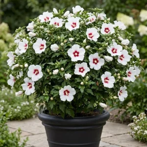 Red Heart Rose of Sharon Live Plant – White Althea Shrub, 8-12 Inch Tall, Quart Pot, Outdoor - Image 1